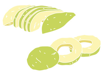 カットされたアボカド2種　版画　