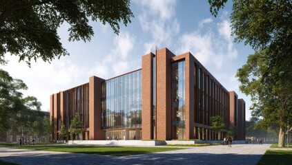 Modern Brick Building on a Sunny Campus, Architectural Design Excellence.