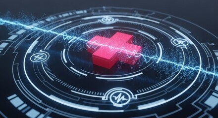 Digital medical technology interface with glowing red cross symbol and energy waves depicting healthcare innovation and advanced diagnostics in a futuristic sci-fi concept