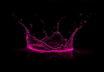 Pink Liquid Splash Isolated on Black – Neon Water Crown Concept