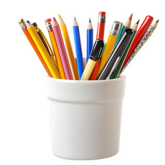 Pen holder cup with assorted pens and pencils, isolated PNG.