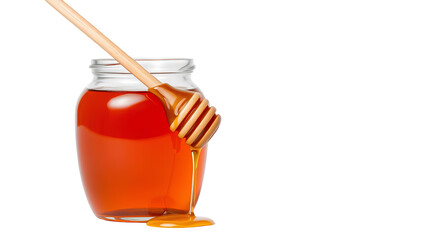 Photo of glass jar filled and wooden honey dipper isolated on transparent background