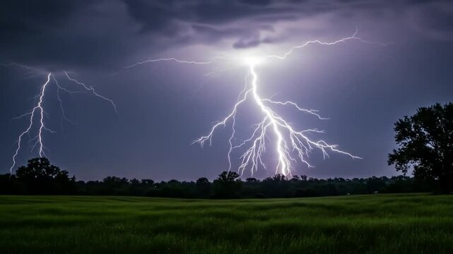 Striking Lightning Bolts Flashing Over Green Field at Night