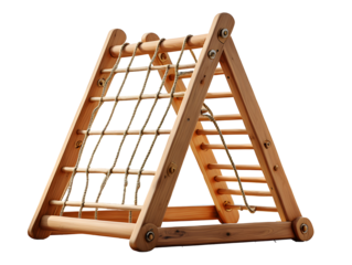 Wooden triangular climbing frame with rope net and ladder isolated on black background