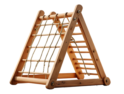 Wooden triangular climbing frame with rope net and ladder isolated on black background