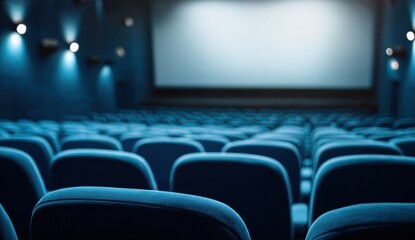 Fototapeta premium Empty cinema seats await the movie magic, bathed in cool blue light.