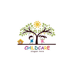 Childcare vector logo featuring institution of caring and protecting children with warmth and playful nature