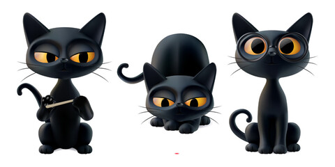 Cute halloween black cat vector set. Pets filing top claws, thumb nails, hunting laser pointer, begging look memes. Cartoon animal funny kitten characters, 3d happy kitty face, sticker render white bg