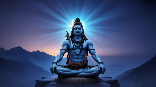 Blue deity meditating serene mountain vista lord shiva