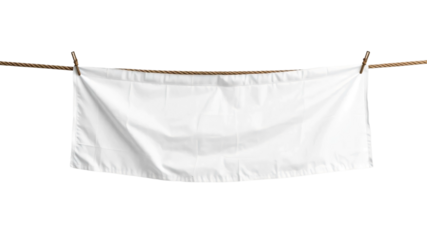 Blank white textile banner with rope isolated on transparent background