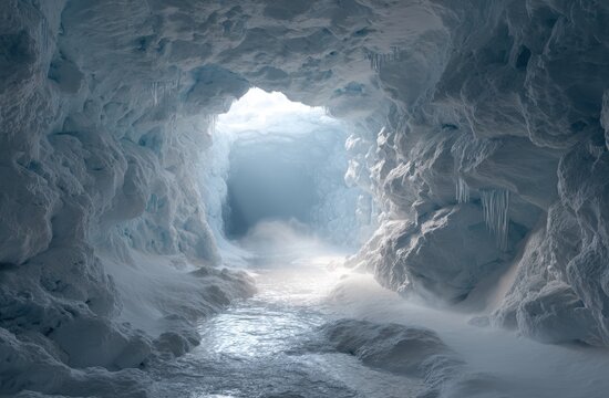Enchanting glacial cave reveals a mystical ice river flowing towards a distant light.