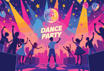 Vector illustration of a lively party with dancing people silhouettes including men, women, and children under colorful disco lights. Perfect for celebration, club, fashion, and night event designs.