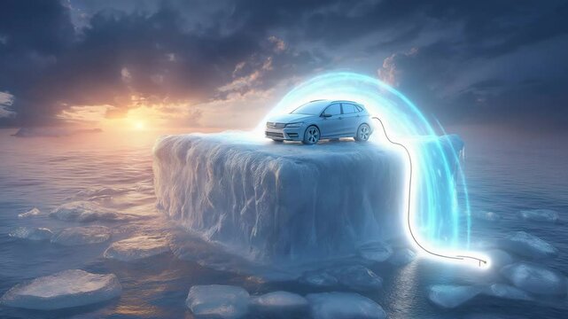 E-Auto auf schmelzender Eisscholle bei Sonnenuntergang mit leuchtendem Energiekabel als Symbol f&uuml;r Klimawandel. K&uuml;nstliche Intelligenz KI