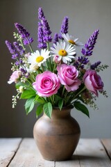 Naklejka premium A serene arrangement of lavender, chamomile, and roses in a rustic vase, exuding tranquility and calm Perfect for spa, wellness, aromatherapy, and relaxation themes , relaxation, organic, spa