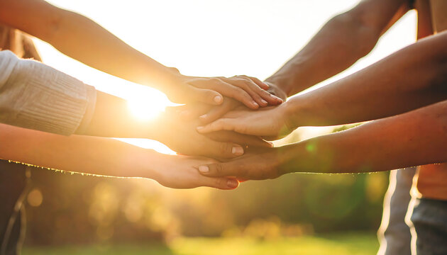 Diverse group joins hands together outside symbolizing teamwork, unity, collaboration, and success in a warm, sunny outdoor environment.
