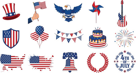 Patriotic fourth of july icons featuring american flags and symbols on a white background design theme