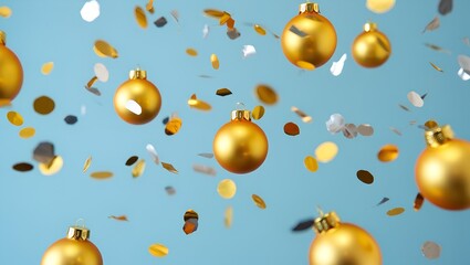 Multiple shiny golden Christmas baubles float and hover in mid-air against a soft pastel blue background 