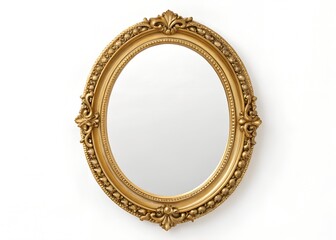 Golden Ornate Oval Mirror with Antique Frame Isolated On White
