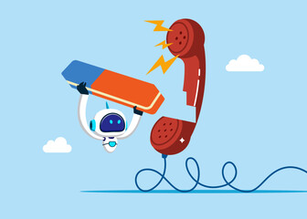 Robot with eraser  removed furious complain telephone. Customer complaint, dissatisfaction from product or service problem, angry feedback from client. Flat  vector illustration