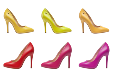 Set of cone heels in various colors, professional product photography on transparent background, isolated PNG with soft studio lighting, flat composition, fashion footwear display