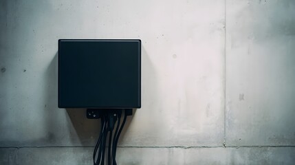 A sleek black lithium battery unit on minimalist concrete wall with cables to compact inverter and soft morning light