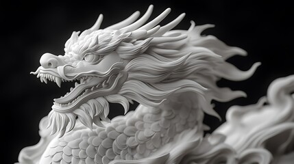 Intricate white dragon sculpture with elaborate details on a dark background symbolizing strength and majesty