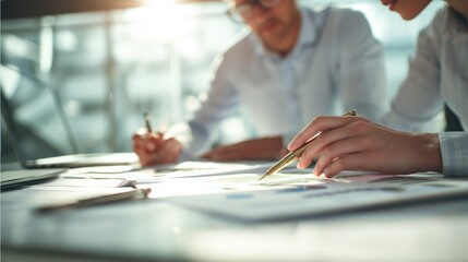 Business colleagues collaborating on project documents with pen, sunlight, and graphs in office workspace. Teamwork, strategy planning, and professional analysis for corporate success