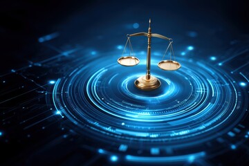 AI Ethical Governance Concepts. A golden balance scale hovers above a glowing blue circuit board, symbolizing justice and technology integration.