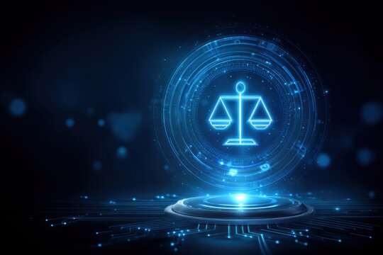AI Ethical Governance Concepts. A futuristic digital scale of justice hologram glows in blue, symbolizing law, balance, and fairness in a high-tech virtual environment.
