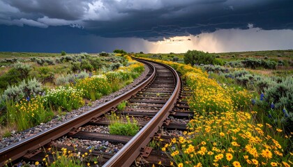 An abandoned train track twisted into loops, overgrown with wildflowers and vines under stormy skies, symbol of nontraditional journeys
