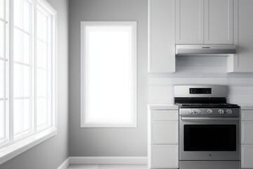 Fototapeta premium Modern kitchen interior featuring sleek white cabinetry, stainless steel appliances, and large windows allowing natural light to flood the space, creating a bright and inviting atmosphere for cooking