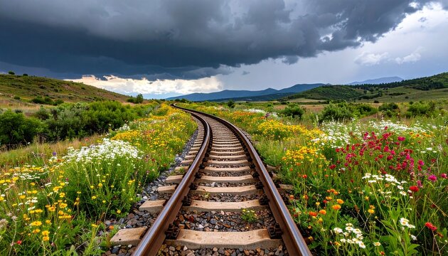 An abandoned train track twisted into loops, overgrown with wildflowers and vines under stormy skies, symbol of nontraditional journeys