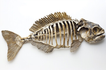 Fish skeleton isolated on white: A macro view of a healthy smoked mackerel tail, a natural seafood delicacy