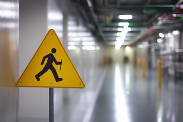 Yellow caution sign with an arrow symbol on an airport terminal way for pedestrian traffic direction and warning of danger