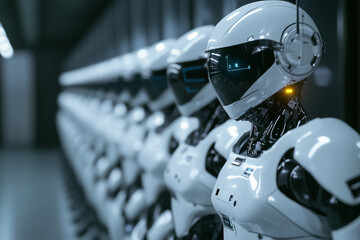 Closeup of a powerful metal robot in a helmet and goggles with a chrome engine, ready for speed and transport