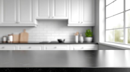 Modern kitchen interior featuring sleek black countertop, white cabinetry, and bright natural light streaming through large window, creating an inviting atmosphere for culinary activities and gatherin