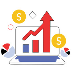 Flat Vector Illustration of Investor Analyzing Stock Chart on Laptop With Upward Arrow and Dollar Signs In, Featuring a Minimal Style for Finance or Business Use
