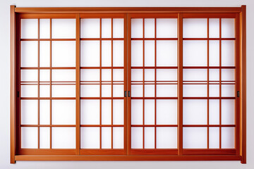 Traditional Japanese interior with a red-roofed wooden window frame and glass, perfect for illustrating home architecture