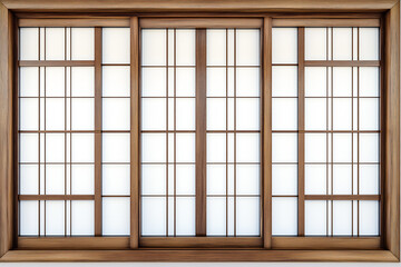 Traditional Japanese interior room featuring a wooden window frame with a sliding paper screen, showcasing classic wood architecture and design