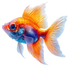 Fototapeta premium Isolated elegant goldfish with flowing fins displaying vibrant rainbow coloration against white background artistic representation of aquatic life