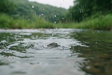 Fototapeta premium A close-up view of a rock in a calm stream as raindrops create ripples around it.
