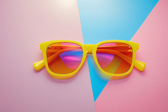 Vibrant Yellow Sunglasses on Colorful Pastel Background &ndash; Summer Fashion Accessory