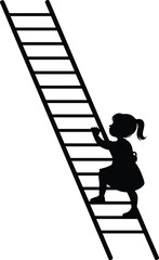 Silhouette of little girl climbing ladder, ambition, childhood growth, success journey, motivation, inspiration, challenge, black vector illustration