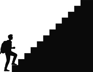 Silhouette of man climbing stairs, success concept, motivation, growth, progress, career path, ambition, black and white vector art