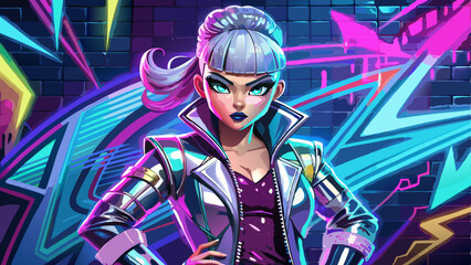 close up  doll in bold fashion&mdash;metallic jacket, platform heels, and fierce makeup&mdash;poses on a graffiti wall backdrop. Neon lights cast reflections on her glossy outfit. With confident expression and 
