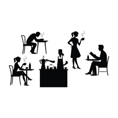 Silhouetted cafe scene depicting people drinking coffee and interacting with the barista