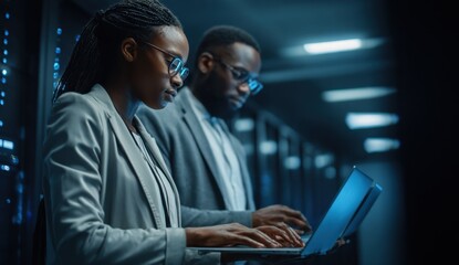 Focused Data Analysts Collaborate Late into the Night, Working on a Laptop in a Modern Server Room.