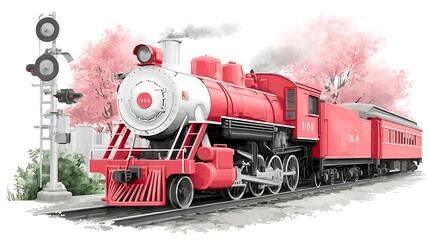 Fototapeta premium Vintage train in a spring landscape