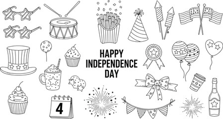 Happy independence day themed doodle collection with patriotic elements and festive decorations