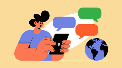 person using language learning app on a smartphone , vector illustration for learning a new language, international travel and mobile translation